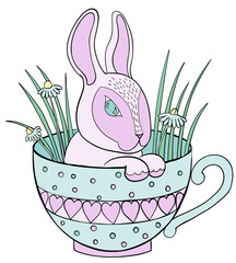 Happy easter greeting card with easter bunny in the cup. Pastel pink and blue colors rabbit vector illustration isolated on white backgroud. Pink rabbit..Suitable for nursery and post card design.