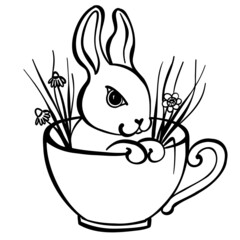 Happy easter greeting card with easter bunny in the cup. Rabbit silhouette isolated on white backgroud. Hand drawn vector illustration..Suitable for svg cricut and post card design