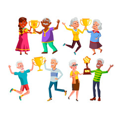 Old Men And Women Holding Trophy Cup Set Vector. Elderly People Grandfather And Grandmother Hold Golden Trophy Cup Won In Competition. Characters Senior With Reward Flat Cartoon Illustrations
