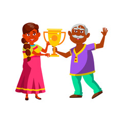 Old Man And Woman Family Hold Trophy Award Vector. Indian Grandfather And Grandmother Couple Won Golden Cup In Tournament. Characters Husband And Wife Celebrate Victory Flat Cartoon Illustration
