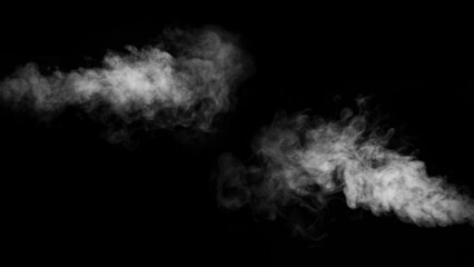 Fototapeta na wymiar Set of two swirling, squirming smoke, vapor, isolated on a black background for overlaying on your photos. Fragment of horizontal steam