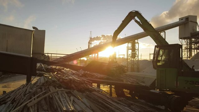 A track material handler is loading logs onto a conveyor at the factory