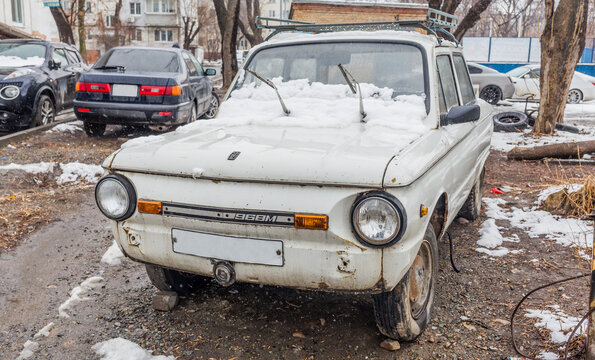 Russia, Vladivostok, March 21, 2022. Old car ZAZ-968M, produced by Ukrainian ZAZ (Zaporizhzhia Automobile Building Plant). Old cars and their fate. Life in Russia.