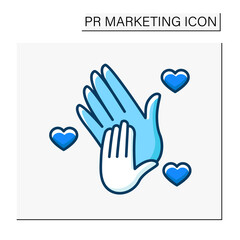 Support color icon. Participation in charity. Hand with hearts. Donate to the foundation. Humanitarian aid. Volunteering. PR marketing concept. Isolated vector illustration