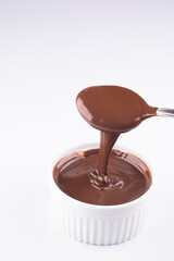 pouring chocolate and hazelnut cream with spoon isolated on white background