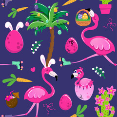 Flamingo Easter egg hunt party - Funny cartoon flamingos, palm trees and eggs. Cute cactus, characters. Hand drawn doodle set for kids. For textiles, nursery, wallpapers, wrapping paper, clothes.