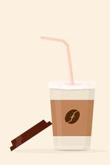 coffee latte cappuccino in a paper cup with a straw and milk foam