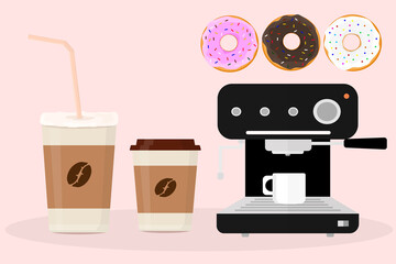 latte coffee in a paper cup and donuts with different fillings