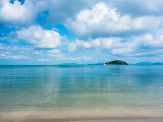 Scenic view of peaceful beach tropical paradise island with clear turquoise sea water against cloud blue sky in summer. Koh Mak Island, Trat, Thailand.