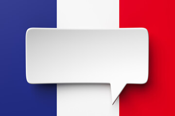 Social media notification icon, white bubble speech on the background of the flag of France. 3D rendering