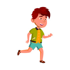 Kid Boy Running And Playing On Park Meadow Vector. Chinese Schoolboy Running And Enjoying Outside. Happiness Character Preteen Child Runner Enjoying Jogging Flat Cartoon Illustration