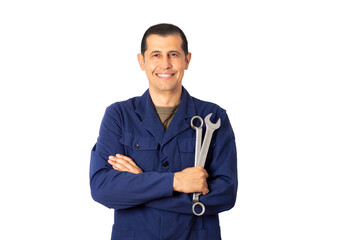 Image of a male mechanic standing confidently while holding two spanner with white background - Powered by Adobe