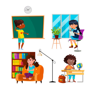 Thinking School Girls About Education Set Vector. Schoolgirls Thinking At Blackboard On Lesson And At Desk, Dreaming And Think About Project And In Library. Characters Flat Cartoon Illustrations
