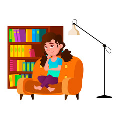 Schoolgirl Pupil Thinking In Home Library Vector. School Girl Sitting In Armchair And Thinking Or Choosing For Reading Educational Book. Character Enjoying Literature Flat Cartoon Illustration