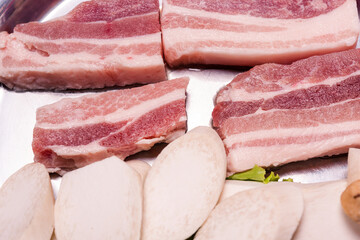 Raw pork on plate, Korean traditional style fresh pork beef belly BBQ, Japanese meat hot pot or Shabu in the restaurant, barbecue food