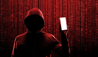 Computer Hacker in Hoodie. Obscured Dark Face. Hacker Attack, Virus Infected Software, Dark Web and...