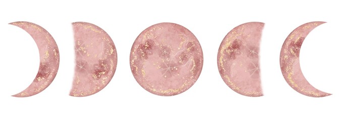 Vector moon phases. Pink watercolor moon with glitter.
