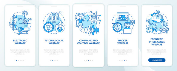 Fototapeta na wymiar Subareas of information warfare blue onboarding mobile app screen. Walkthrough 5 steps graphic instructions pages with linear concepts. UI, UX, GUI template. Myriad Pro-Bold, Regular fonts used