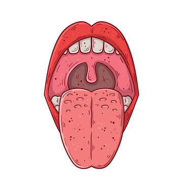 An open human mouth with a protruding tongue hand drawn cartoon simple vector illustration.
