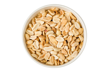 peeled peanuts in a round bowl on a white background. Top view.