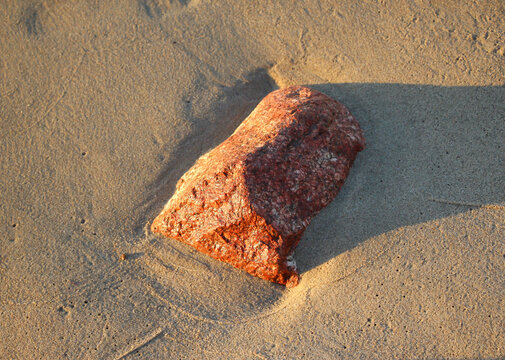 Wet stone on the sand of the beach gingerly from the sunset reflex 