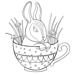 Happy easter greeting card with easter bunny in the cup. Rabbit silhouette vector illustration isolated on white backgroud. Hand drawn..Suitable for nursery and post card design.