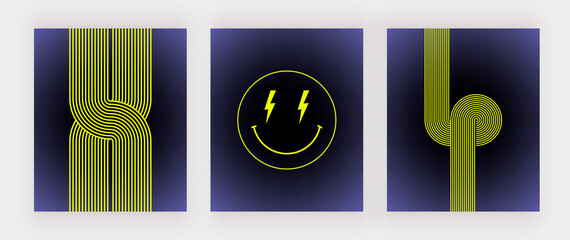 Groovy retro smiley face and geometric lines wall art prints 
