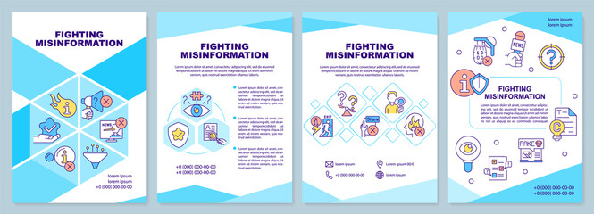 Fighting misinformation brochure template. Information warfare. Leaflet design with linear icons. 4 vector layouts for presentation, annual reports. Arial-Black, Myriad Pro-Regular fonts used