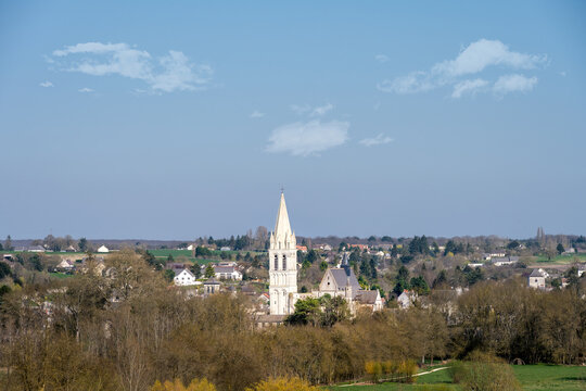 View of Beaulieu les Loches and the abbey church Saint Pierre Saint Paul on a sunny spring afternoon, Touraine, France