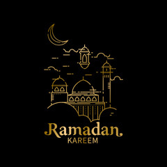 Golden hand drawn ramadan kareem mosque design