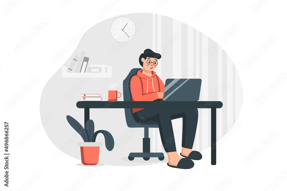 Poster man working at home concept in flat design. freelancer doing tasks at laptop while sitting at desks 