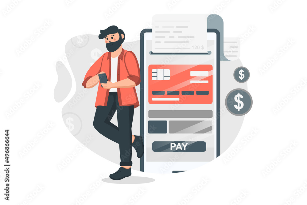 Poster online payment concept in flat design. man makes financial transactions using mobile application. ba