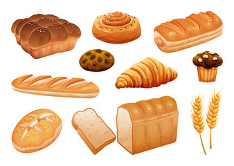 Bread illustration set. Bakery pastry products isolated on white