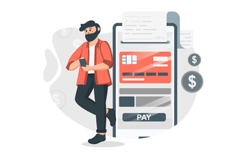Online payment concept in flat design. Man makes financial transactions using mobile application. Bank customer pays bills and manages account online. Vector illustration with people scene for web