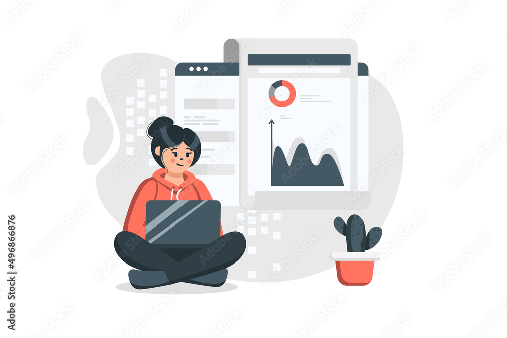 Poster data analytics concept in flat design. woman analyzes datum, works with statistics graphs and diagra
