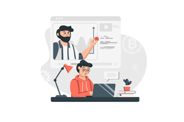 Cryptocurrency research concept in flat design. Man analyzes digital money and blockchain technology, studies video tutorials on starting crypto business. Vector illustration with people scene for web