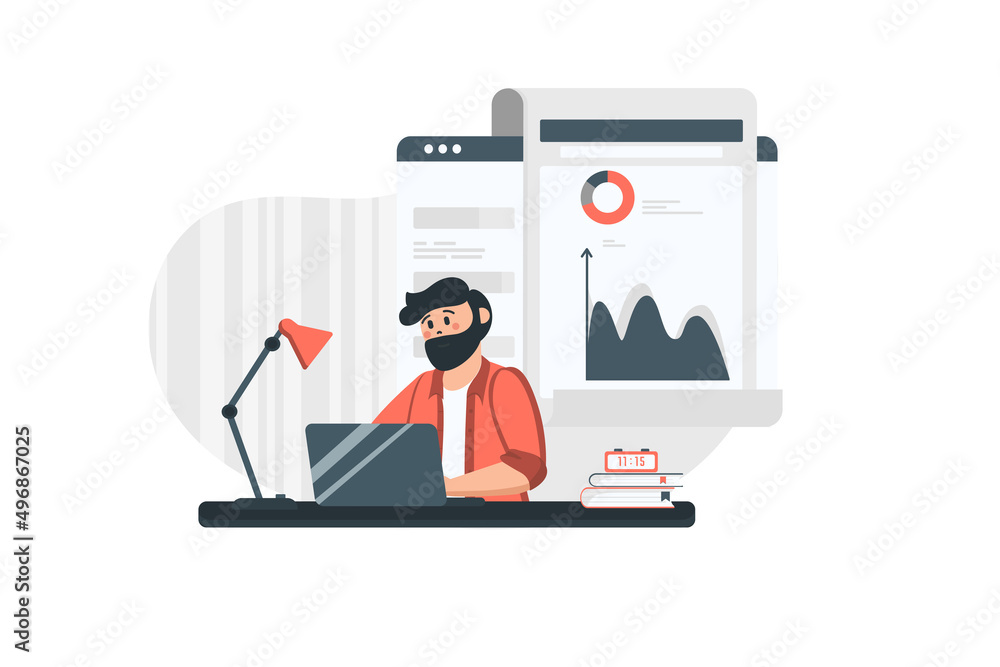 Poster statistical analysis concept in flat design. man analyst works with data, studies statistics on char