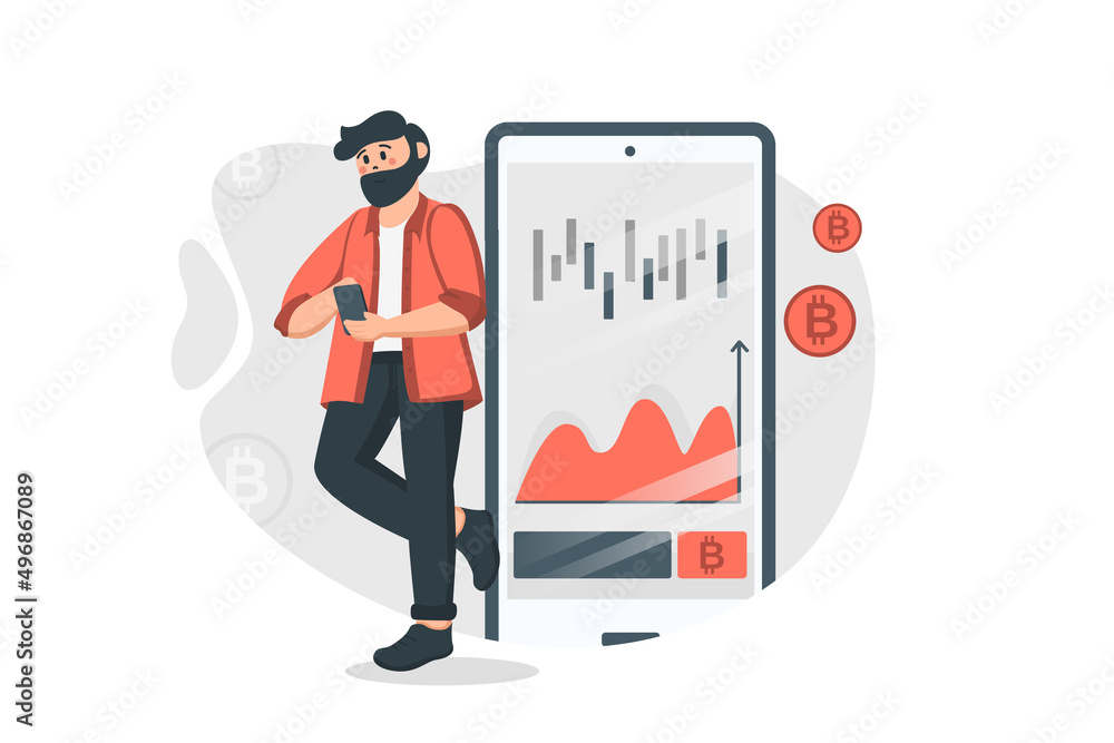 Poster crypto trading concept in flat design. man buys and sells bitcoins or other currency on exchange usi