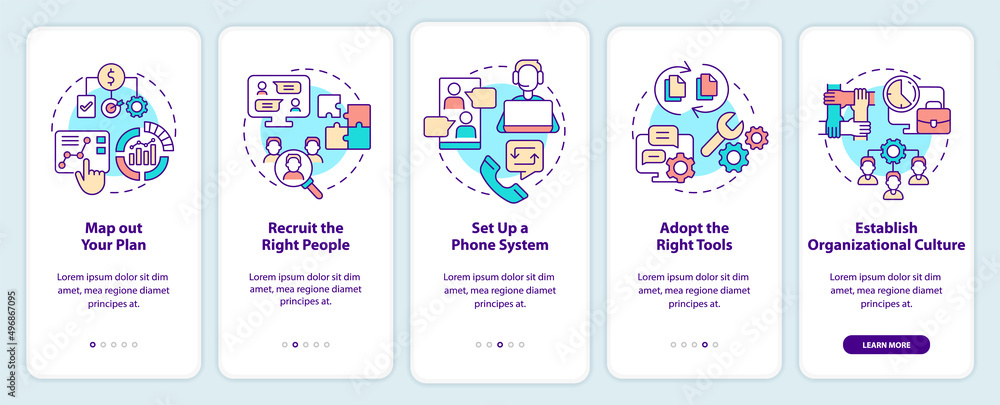 Poster steps to start virtual office onboarding mobile app screen. online system walkthrough 5 steps graphi