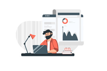 Statistical analysis concept in flat design. Man analyst works with data, studies statistics on charts and diagrams. Marketing and sociological research. Vector illustration with people scene for web