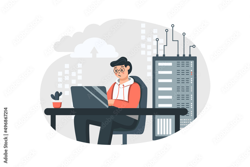 Aufkleber engineer works in server room concept in flat design. man works at computer in tech support, monitor