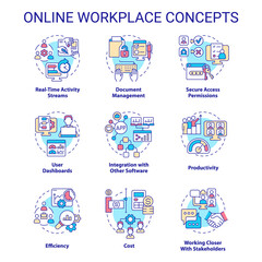 Online workplace concept icons set. Business tools. Virtual office platform idea thin line color illustrations. Isolated symbols. Editable stroke. Roboto-Medium, Myriad Pro-Bold fonts used