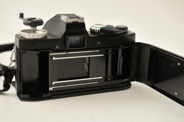 Closeup shot of an open vintage analog camera