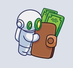 cute astronaut robot holding a giant money wallet. Isolated cartoon person illustration. Flat Style suitable for Sticker Icon Design Premium Logo vector