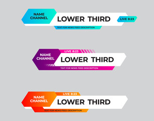 set of colored vector lower thirds for news titles and credits, channel name and time