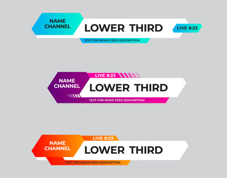 set of colored vector lower thirds for news titles and credits, channel name and time