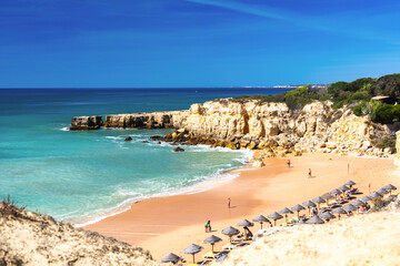 View of Praia do Castelo beach in Algarve, Portugal.