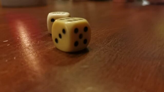 Board game dice rolling across a brown wooden table. Static close up shot  