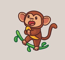 cute monkey eating banana on branches tree. isolated cartoon animal nature illustration. Flat Style suitable for Sticker Icon Design Premium Logo vector. Mascot Character