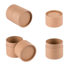 Mockup image of paper tubes with paper cap in different positions isolated on white background for your design project. Cardboard containers for packaging. Sustainable cosmetic packaging